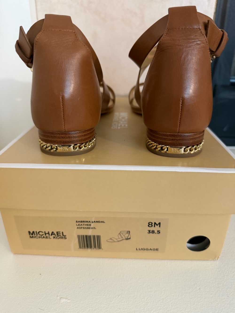 Michael Kors Sabrina Brown Leather Strappy Sandals with Gold Chain Accent - Picture 9 of 10